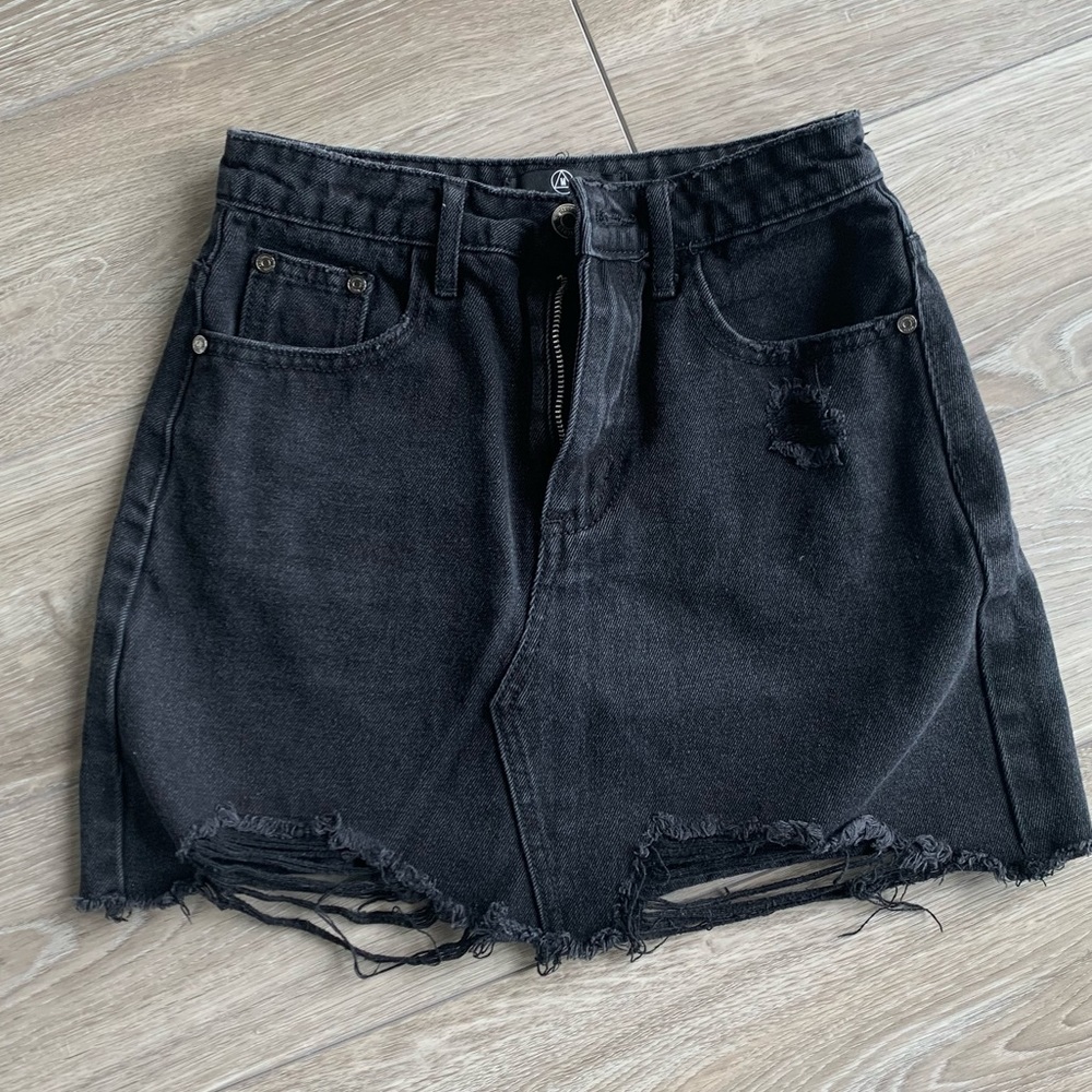 Black denim mini skirt